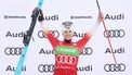 epa11142217 First placed Lara Gut-Behrami of Switzerland celebrates on the podium after the Women's Giant Slalom race at the FIS Alpine Skiing World Cup in Soldeu, Andorra, 10 February 2024.  EPA/Guillaume Horcajuelo
