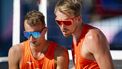 PARIJS - Stefan Boermans en Yorick de Groot in actie tegen Duitsland tijdens de beachvolleybal kwartfinale op de Olympische Spelen. ANP IRIS VAN DEN BROEK