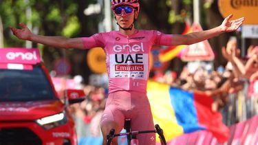 Team UAE's Slovenian rider Tadej Pogacar wearing the overall leader's pink jersey celebrates as he crosses the finish line to win the 20th stage of the 107th Giro d'Italia cycling race, 184km between Alpago and Bassano del Grappa on May 25, 2024. 
Luca Bettini / AFP