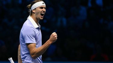 Germany's Alexander Zverev celebrates a point during his match against Norway's Casper Ruud at the ATP Finals tennis tournament in Turin on November 13, 2024. 
Marco BERTORELLO / AFP