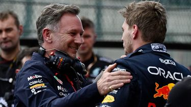 2023-07-30 17:29:51 Red Bull Racing's Dutch driver Max Verstappen (R) celebrates with Red Bull Racing's British team principal Christian Horner in the parc ferme after winning  the Formula One Belgian Grand Prix at the Spa-Francorchamps Circuit in Spa on July 30, 2023. 
JOHN THYS / AFP