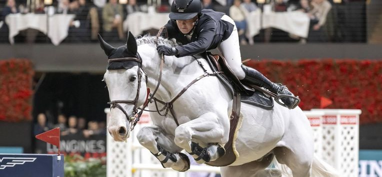 epa12642878 Kim Emmen (Netherlands) rides Imagine N.O.P. during the jump-off of the FEI Jumping World Cup of the CHI Classics Basel international horse show in Basel, Switzerland, 11 January 2026.  EPA/GEORGIOS KEFALAS