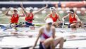PARIJS - Marloes Oldenburg, Hermijntje Drenth, Tinka Offereins en Benthe Boonstra van de vrouwen vier winnen goud tijdens de finale op het olympisch roeitoernooi tijdens de zomerspelen in de Franse hoofdstad. ANP KOEN VAN WEEL