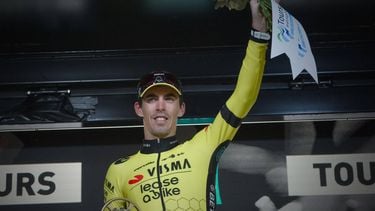 French rider of team Visma Lease A Bike Christophe Laporte celebrates on the podium after he won the 118th edition of the 213,9 km Paris-Tours one day cycling race, in Tours, central France on October 6, 2024. 
GUILLAUME SOUVANT / AFP