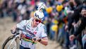 Dutch Mathieu Van Der Poel competes in the men's elite race of the 'Duinencross' cyclocross cycling event, stage five of the X2O Badkamers Trophy (Trofee Veldrijden) competition, in Koksijde, western Belgium, on January 4, 2024. 
JASPER JACOBS / Belga / AFP