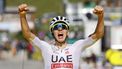 epa11452543 Slovenian rider Tadej Pogacar of UAE Team Emirates celebrates as he crosses the finish line to win the fourth stage of the 2024 Tour de France cycling race over 139km from Pinerolo to Valloire, France, 02 July 2024.  EPA/KIM LUDBROOK