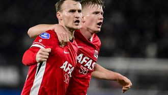 ALKMAAR - (l-r) Peer Koopmeiners of AZ Alkmaar, Isak Jensen of AZ Alkmaar vieren de 3-0 tijdens de achtste finale KNVB bekerwedstrijd tussen AZ Alkmaar en Ajax in het AFAS stadion op 14 januari 2026 in Alkmaar, Nederland. OLAF KRAAK / ANP