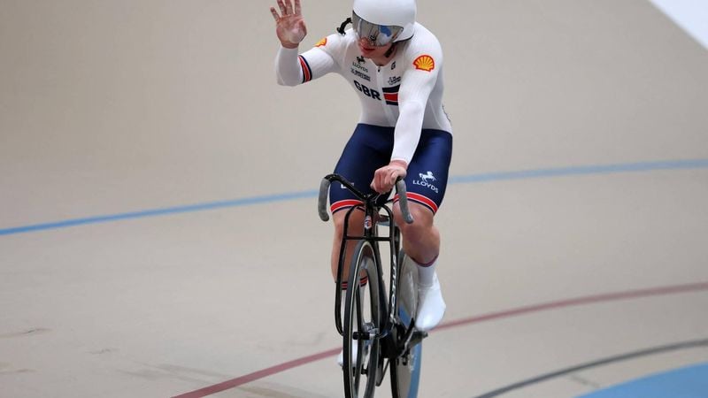 Great Britain's  #121 Matthew Richardson celebrates winning silver in the men's sprint final at the 2025 UCI Track World Championships, in the Penalolen Velodrome in Santiago, on October 26, 2025. 
Javier TORRES / AFP