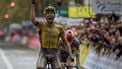French rider of team Visma Lease A Bike Christophe Laporte reacts as he crosses the finish line ahead of Czeck rider of team Lidl-Treck Mathias Vacek (R) to win the 118th edition of the 213,9 km Paris-Tours one day cycling race, in Tours, central France on October 6, 2024. 
GUILLAUME SOUVANT / AFP