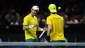 Matthew Ebden (L) and Jordan Thompson of Team Australia react as they play against Tommy Paul and Ben Shelton of Team USA during their quarter-final doubles match between USA and Australia at the Davis Cup Finals at the Palacio de Deportes Jose Maria Martin Carpena arena in Malaga, southern Spain, on November 21, 2024. 
Thomas COEX / AFP