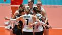 2023-09-24 09:54:57 Belgium players huddle together after a point during the match on the final day of the Volleyball World Cup 2023 women's Olympic qualifying tournament between Turkey and Belgium at Yoyogi National Stadium in Tokyo on September 24, 2023. 
Richard A. Brooks / AFP