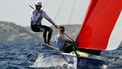 Netherlands' duo Bart Lambriex and Floris Van De Werken compete in Race 2 of the men’s 49er skiff event during the Paris 2024 Olympic Games sailing competition at the Roucas-Blanc Marina in Marseille on July 28, 2024.  
Christophe SIMON / AFP