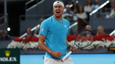 Germany's Alexander Zverev celebrates beating Belgium's Alexander Blockx during their 2026 ATP Tour Madrid Open tennis tournament semi-final singles match at the Caja Magica in Madrid, on May 1, 2026. 
Thomas COEX / AFP