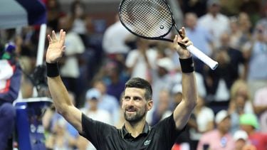 Serbia's Novak Djokovic celebrates after winning his men's singles first round tennis match against USA's Learner Tien on day one of the US Open tennis tournament at the USTA Billie Jean King National Tennis Center in New York City, on August 24, 2025. 
CHARLY TRIBALLEAU / AFP