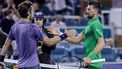 epa11988650 Novak Djokovic of Serbia (R) shakes hands with Lorenzo Musetti of Italy after his win in their Men's Singles 4th Round at the 2025 Miami Open tennis tournament at the Hard Rock Stadium in Miami, Florida, USA, 25 March 2025.  EPA/CRISTOBAL HERRERA-ULASHKEVICH
