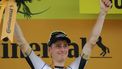 2023-07-21 19:30:20 Bahrain - Victorious' Slovenian rider Matej Mohoric celebrates his victory on the podium after winning the 19th stage of the 110th edition of the Tour de France cycling race 173 km between Moirans-en-Montagne and Poligny, in the Jura department of central-eastern France, on July 21, 2023. 
Thomas SAMSON / AFP