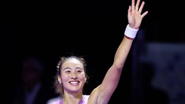 China's Zheng Qinwen reacts after winning against Italy's Jasmine Paolini during their women's singles tennis match at the WTA Finals Championship in Riyadh on November 6, 2024. 
Fayez NURELDINE / AFP