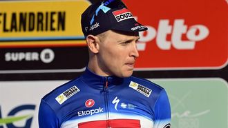 Soudal Quick-Step Belgian rider Tim Merlier celebrates in second place on the podium of the 'Classic Brugge-De Panne' men's elite one-day cycling race, 198,9 km from Brugge to De Panne, on March 20, 2024.  
DIRK WAEM / Belga / AFP