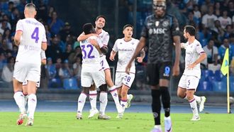 2023-10-08 20:52:28 epa10908275 Fiorentinaâ€™s forward Josip Brekalo jubilates with his teammate after scoring the opening goal during the Italian Serie A soccer match SSC Napoli vs ACF Fiorentina at ' Diego Armando Maradona' stadium in Naples, Italy, 08 October 2023.  EPA/CIRO FUSCO