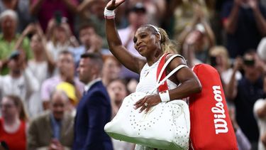 US player Serena Williams waves as he leaves the court after being defeated by Australia's Maya Joint during their women's singles first round tennis match on the second day of the 2026 Wimbledon Championships at The All England Lawn Tennis and Croquet Club in Wimbledon, southwest London, on June 30, 2026. 
HENRY NICHOLLS / AFP