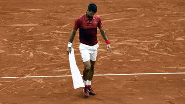 epa11388019 Novak Djokovic of Serbia reacts after falling  during his men's singles Round of 16 match against Francisco Cerundolo of Argentina at the French Open Grand Slam tennis tournament at Roland Garros in Paris, France, 03 June 2024.  EPA/YOAN VALAT