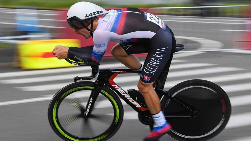 Slovakia's Lukas Kubis competes in the men's cycling road individual time trial during the Tokyo 2020 Olympic Games at the Fuji International Speedway in Oyama, Japan, on July 28, 2021.  
Greg Baker / AFP