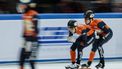 epa11759993 Teun Boer (R) of the Netherlands pushes Jens van 't Wout  during the Mixed Team Relay 2000m Quarterfinal at the ISU Short Track Speed Skating World Tour in Beijing, China, 06 December 2024.  EPA/WU HAO