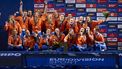EINDHOVEN - Vreugde bij de Nederlandse waterpoloploeg (vrouwen) na het winnen van de finale van het EK waterpolo van Spanje in het Pieter van den Hoogenband Zwemstadion. ANP SANDER KONING
