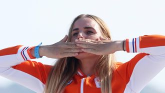 epa11533874 Gold medalist Marit Bouwmeester of the Netherlands celebrates during the medal ceremony for the the Women's Dinghy event of the Sailing competitions in the Paris 2024 Olympic Games, at the Marseille Marina in Marseille, France, 07 August 2024.  EPA/OLIVIER HOSLET