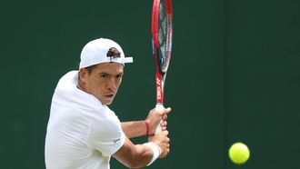 2023-07-03 13:14:08 epa10724081 Sebastian Baez of Argentina plays Tomas Barrios Vera of Chile in their 1st round match at the Wimbledon Championships, Wimbledon, Britain, 03 July 2023.  EPA/ISABEL INFANTES   EDITORIAL USE ONLY