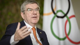 IOC President Thomas Bach speaks during an interview with AFP ahead of the Paris 2024 Olympic Games at the IOC headquarters in Lausanne on April 26, 2024. 
GABRIEL MONNET / AFP