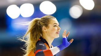 HEERENVEEN - Jutta Leerdam (NED) reageert na de 1.000 meter vrouwen tijdens de zesde en tevens laatste wereldbeker langebaanschaatsen van het seizoen. Het driedaagse evenement vond plaats in Thialf. ANP VINCENT JANNINK