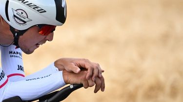 2022-06-08 14:32:58 Quick-Step Alpha Vinyl team's italian rider Andrea Bagioli rides during the fourth stage of the 74th edition of the Criterium du Dauphine individual time trial cycling race, 31.9 km between Montbrison and La Batie d'Urfe, central eastern France, on June 8, 2022. 
Marco BERTORELLO / AFP