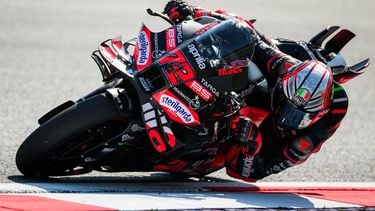 Aprilia Racing team's Italian MotoGP rider Marco Bezzecchi drives during the practice session of motorcycle Austrian Moto GP Grand Prix at the Red Bull ring circuit in Spielberg, Austria, on August 15, 2025.  
Jure Makovec / AFP