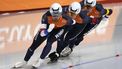 epa11159461 Chris Huizinga, (L-R) Marcel Bosker and Beau Snelllink of the Netherlands compete in the Men’s Team Pursuit event at the ISU World Speed Skating Single Distances Championships in Calgary, Canada, 16 February 2024.  EPA/TODD KOROL
