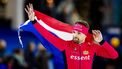 HEERENVEEN - Chris Huizinga reageert na het winnen van de 5000 meter voor mannen tijdens de eerste dag van het NK afstanden in Thialf. Voor de Nederlandse rijders en rijdsters is dit toernooi een belangrijke tussenstop onderweg naar het WK afstanden in Hamar. ANP SEM VAN DER WAL