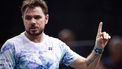 epa10949714 Stan Wawrinka of Switzerland reacts against Dominic Thiem of Austria during their first round match at the Rolex Paris Masters tennis tournament in Paris, France, 30 October 2023.  EPA/CHRISTOPHE PETIT TESSON
