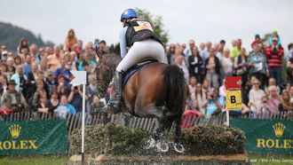 epa05428041 Renske Kroeze from The Netherlands in action during the eventing competition at the CHIO horse show in Aachen, Germany, 16 July 2016.  EPA/FRISO GENTSCH