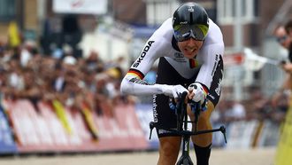 German Max Walscheid of Qhubeka Assos pictured in action during the men elite time trial race, 43,3 km from Knokke-Heist to Brugge, at the UCI World Championships Road Cycling Flanders 2021, in Brugge on Sunday 19 September 2021. The Worlds take place from 19 to 26 September 2021, in several cities in Flanders, Belgium. BELGA PHOTO KURT DESPLENTER **NETHERLANDS ONLY**