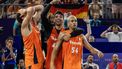 PARIJS - Jan Driessen, Arvin Slagter en Worthy de Jong (l-r) juichen na maken van het winnende punt tijdens de 3x3 basketbal finale tussen Nederland en Frankrijk op het Place de la Concorde tijdens de Olympische Spelen. ANP REMKO DE WAAL