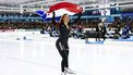 HEERENVEEN - Jutte Leerdam juicht na het winnen van het Nederlandse kampioenschap sprint schaatsen tijdens de tweede dag in Thialf. ANP VINCENT JANNINK