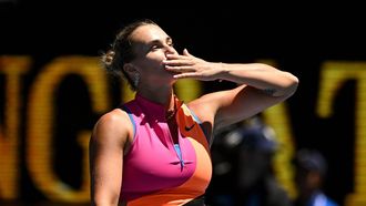 epa12673094 Aryna Sabalenka of Russia celebrates match point during the women's third round match against Anastasia Potapova of Austria on day 6 of the 2026 Australian Open tennis tournament at Melbourne Park in Melbourne, Australia, 23 January 2026.  EPA/LUKAS COCH AUSTRALIA AND NEW ZEALAND OUT
