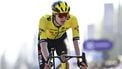 Team Visma-Lease a Bike's US rider Matteo Jorgenson reacts as he crosses the finish line at the end of the men's elite race 'Dwars Door Vlaanderen', 184,2 km from Roeselare to Waregem, on April 2, 2025. 
JASPER JACOBS / Belga / AFP