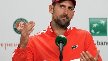 Serbia's Novak Djokovic holds a press conference after winning men's singles round of sixteen match against Argentina's Francisco Cerundolo on day nine of the French Open tennis tournament at the Roland Garros Complex in Paris on June 3, 2024. Novak Djokovic pulled off another astonishing escape as he beat Argentine 23rd seed Francisco Cerundolo in a five-set thriller to reach a 15th consecutive French Open quarter-final on Monday. The world number one shrugged off an injury to his right knee as he came from two sets to one down to outlast Cerundolo 6-1, 5-7, 3-6, 7-5, 6-3 after four hours and 39 minutes.

Dimitar DILKOFF / AFP