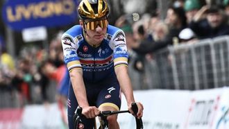 Soudal Quick-Step team's Belgian rider Remco Evenepoel cycles to the finish line to take second place in the 118th edition of the Giro di Lombardia (Tour of Lombardy), a 252km cycling race from Bergamo to Como on October 12, 2024. 
Marco BERTORELLO / AFP