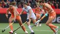 2023-07-01 02:00:00 Belgium's Alexia Serstevens (C) fights for the ball with Netherlands' Rosa Fernig (L) and Felice Albers (R) during the women's field hockey match between Belgium and Netherlands in Antwerp on July 1, 2023, match 9/12 in the group stage of the 2023 Women's FIH Pro League. 
VIRGINIE LEFOUR / Belga / AFP