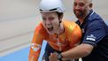 Netherlands' #122 Hetty Vad de Wouw celebrates after winning the women's sprint event final at the 2025 UCI Track World Championships, in the Penalolen Velodrome in Santiago, on October 24, 2025. 
Javier TORRES / AFP