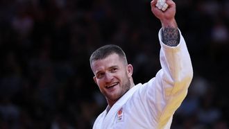 2023-02-05 18:56:34 Netherland's Korrel Michael reacts after winning against UAE's Dzhafar Kostoev during the final of the men's -100kg category at the Paris Grand Slam judo tournament in Paris on February 5, 2023. 
Anne-Christine POUJOULAT / AFP