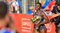 2023-07-18 18:43:17 epa10754287 Tobi Amusan of Nigeria reacts after she won the women's 100m hurdle at the Gyulai Istvan Memorial Track and Field Hungarian Grand Prix in Szekesfehervar, Hungary, 18 July 2023.  EPA/Tamas Vasvari HUNGARY OUT