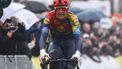 Lidl-Trek's Danish rider Mads Pedersen celebrates as he crosses the finish line to win the 6th stage of the Paris-Nice cycling race, 209,8 km between Saint-Julien-en-Saint-Alban and Berre l’Étang, on March 14, 2025. 
Anne-Christine POUJOULAT / AFP